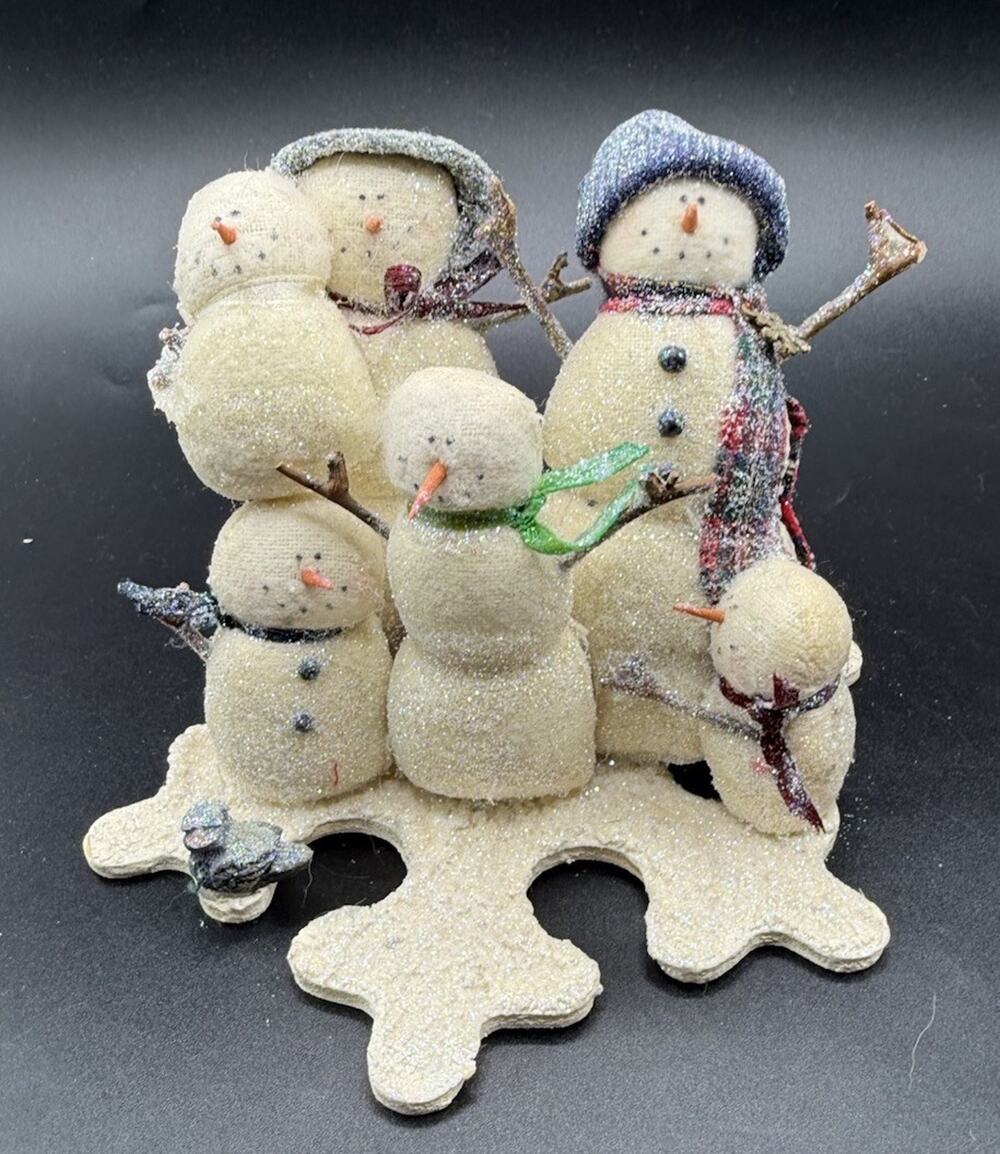 Rustic Fabric Snowman Family Figurine Christmas Decor Wood Snowflake Base -LO21